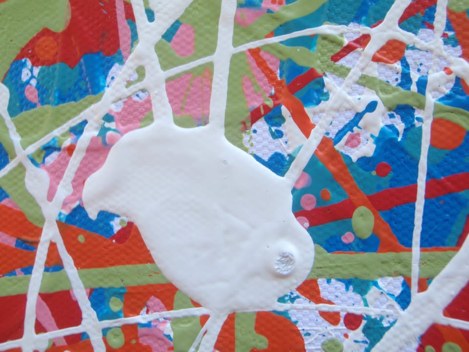 158 by 112 cm hand-painted abstract canvas with orange, green and white drips and splashes - detail