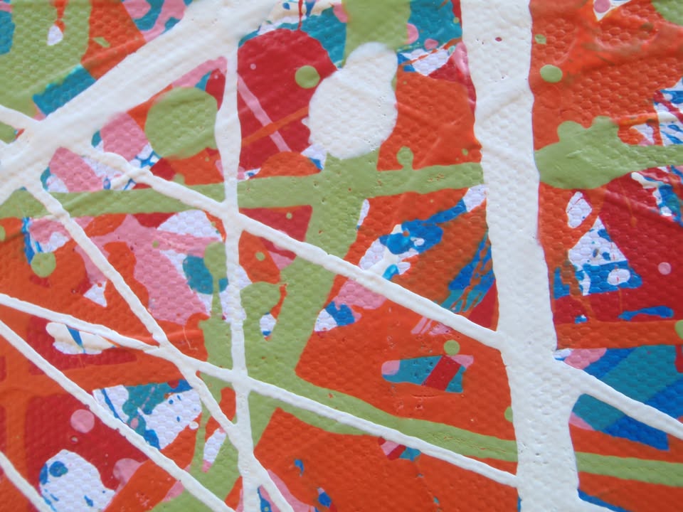 158 by 112 cm hand-painted abstract canvas with orange, green and white drips and splashes - detail