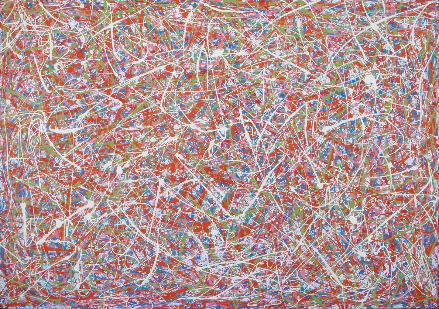 158 by 112 cm hand-painted abstract canvas with orange, green and white drips and splashes - full view
