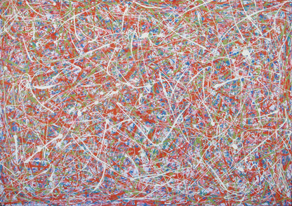 158 by 112 cm hand-painted abstract canvas with orange, green and white drips and splashes - full view