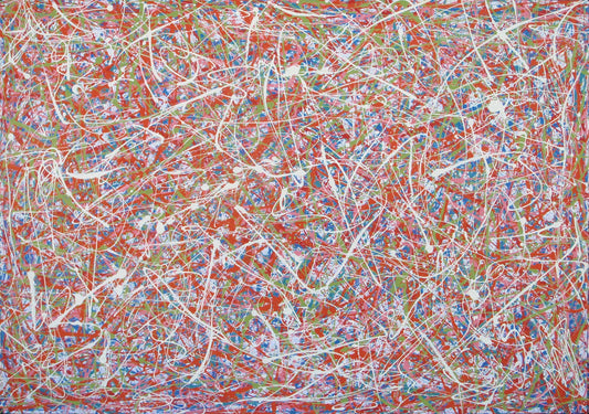 158 by 112 cm hand-painted abstract canvas with orange, green and white drips and splashes - full view