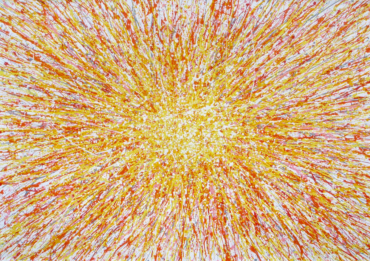 Abstract radial burst artwork with dense radiating lines in yellow, orange, red, and white, creating a textured starburst pattern filling the whole 158 by 112 cm canvas - full view