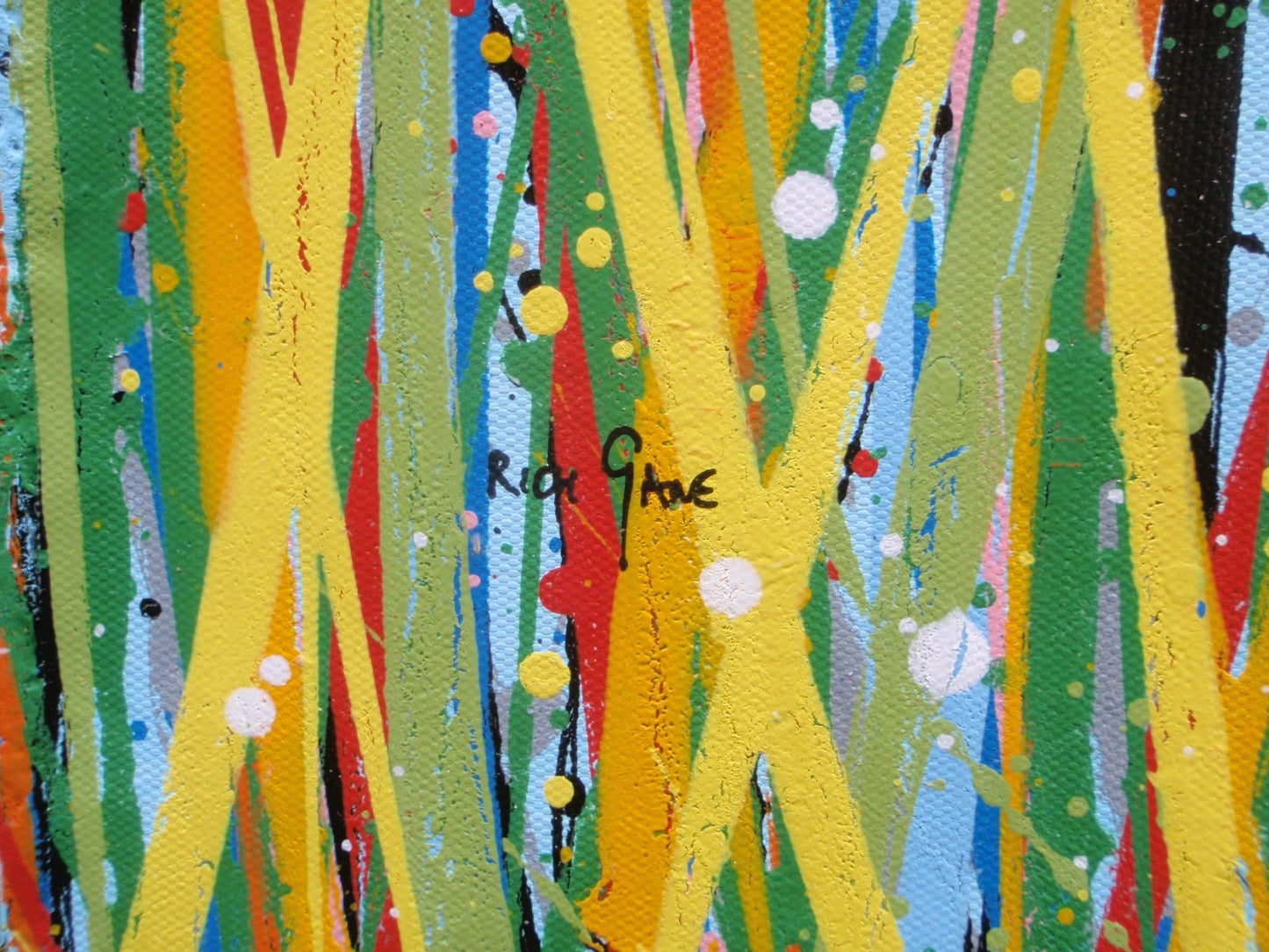 Colourful abstract painting of blue flowers and grass with a blue sky, on a 159 cm by 112 cm canvas - detail