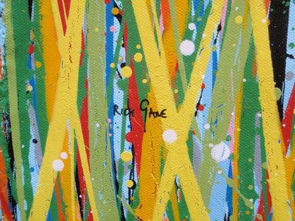 Colourful abstract painting of blue flowers and grass with a blue sky, on a 159 cm by 112 cm canvas - detail