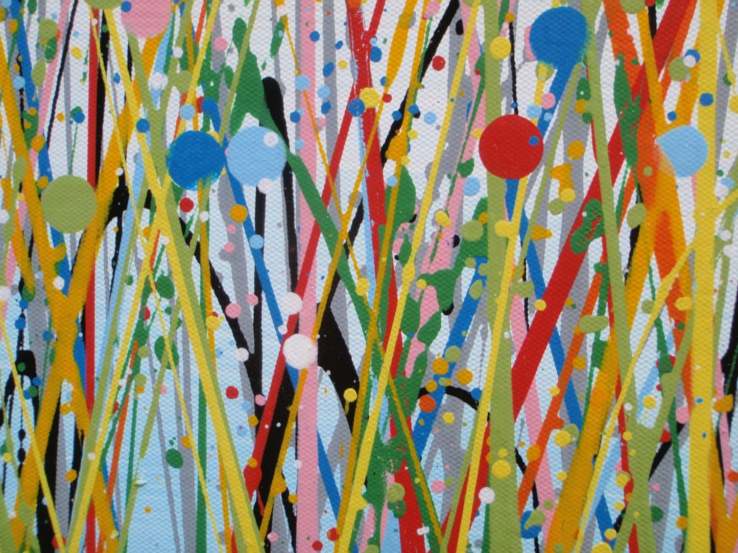 Colourful abstract painting of blue flowers and grass with a blue sky, on a 159 cm by 112 cm canvas - detail