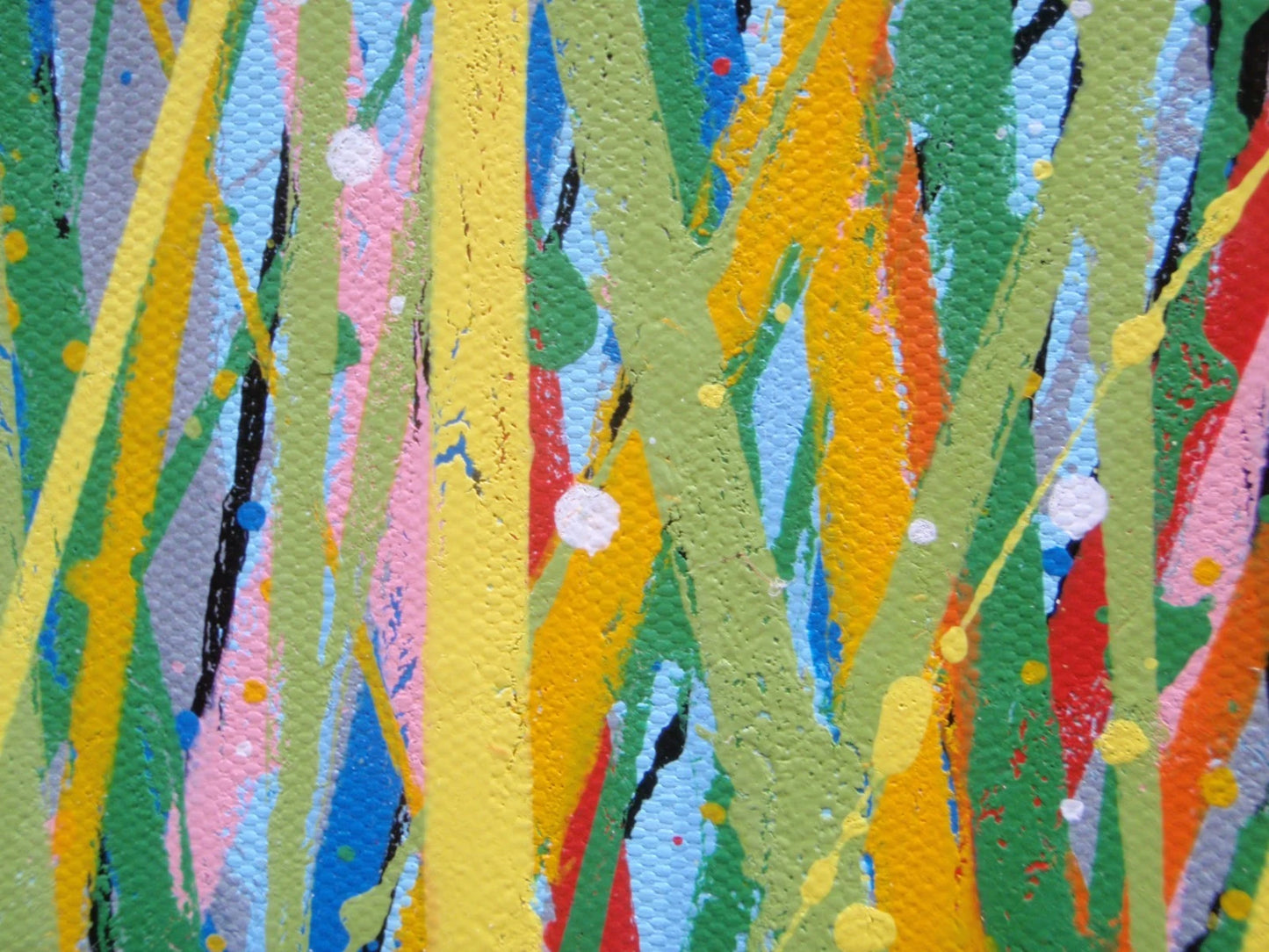 Colourful abstract painting of blue flowers and grass with a blue sky, on a 159 cm by 112 cm canvas - detail