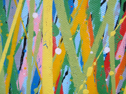 Colourful abstract painting of blue flowers and grass with a blue sky, on a 159 cm by 112 cm canvas - detail
