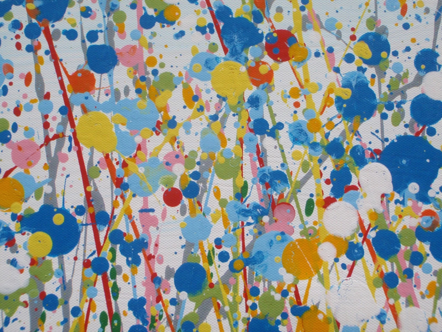 Colourful abstract painting of blue flowers and grass with a blue sky, on a 159 cm by 112 cm canvas - detail