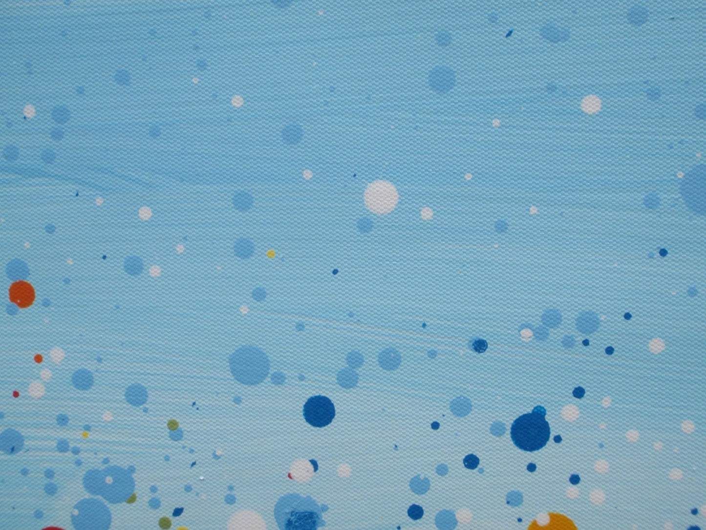 Colourful abstract painting of blue flowers and grass with a blue sky, on a 159 cm by 112 cm canvas - detail