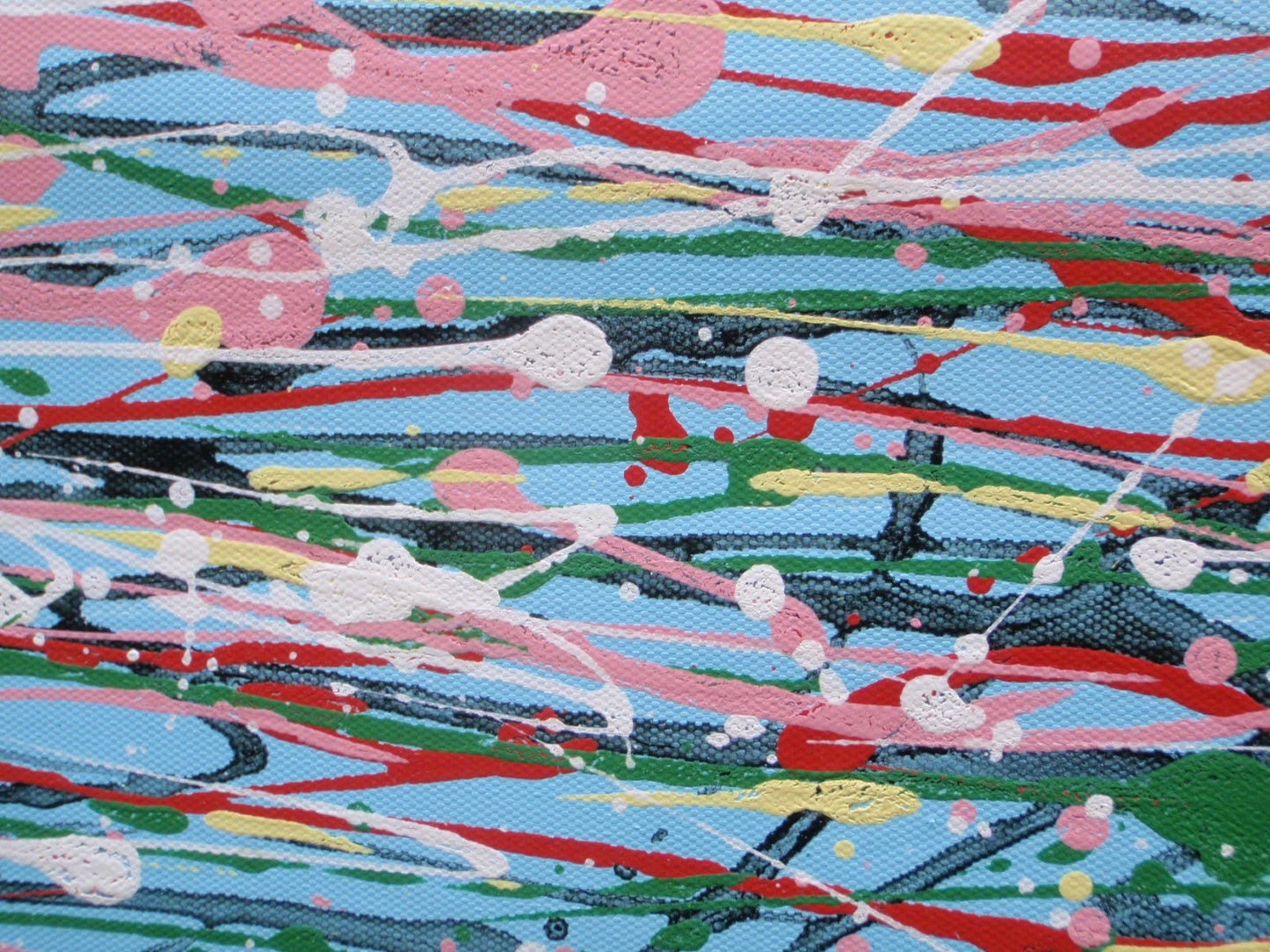 Colourful abstract painting of blue flowers and grass with a blue sky, on a 159 cm by 112 cm canvas - detail