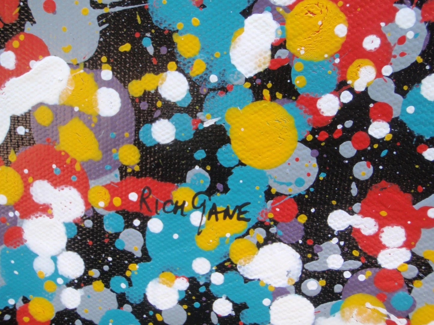 159 by 112 cm dot and spot abstract painting on black canvas by Rich Gane - detail