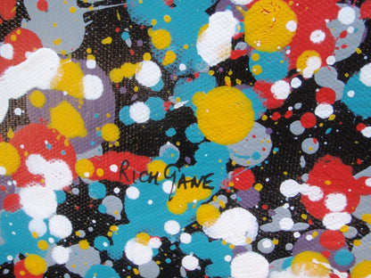 159 by 112 cm dot and spot abstract painting on black canvas by Rich Gane - detail