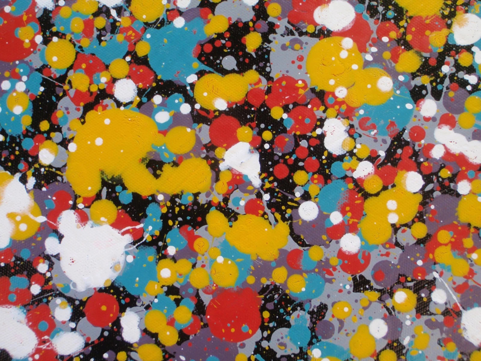 159 by 112 cm dot and spot abstract painting on black canvas by Rich Gane - detail