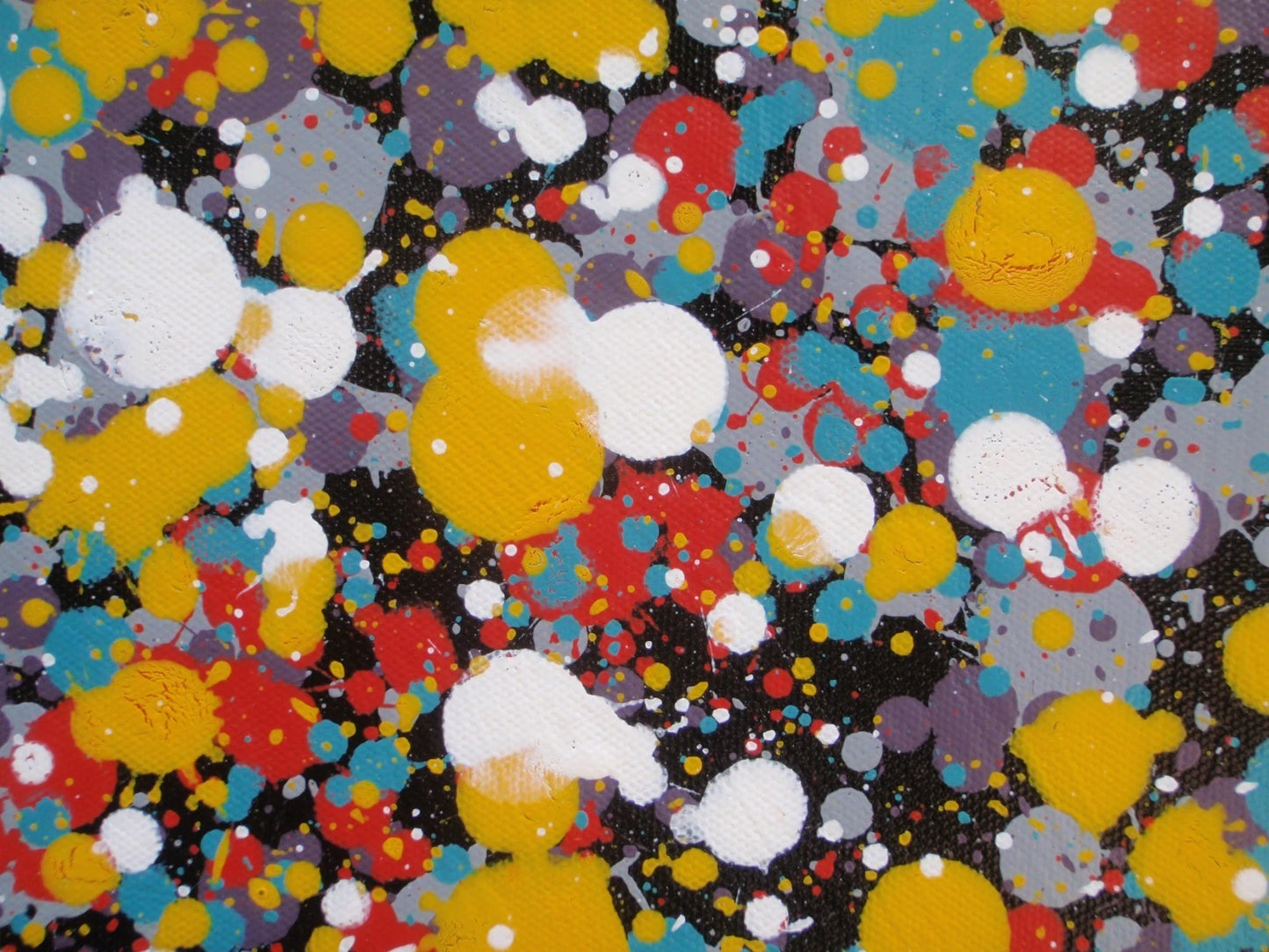 159 by 112 cm dot and spot abstract painting on black canvas by Rich Gane - detail