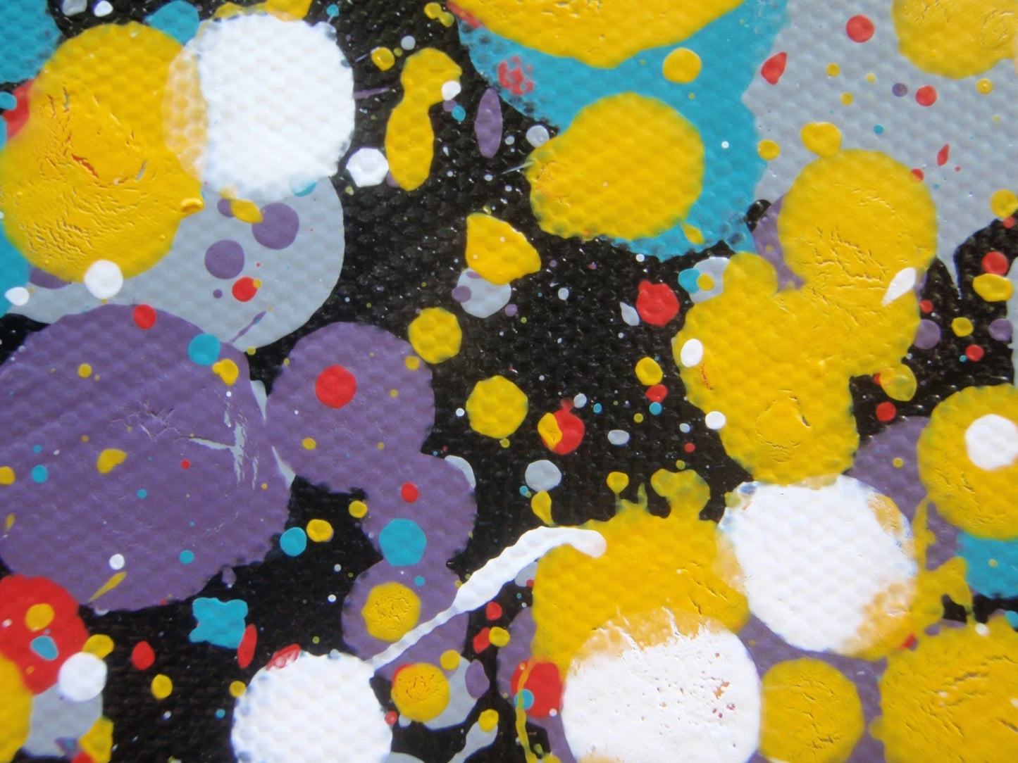 159 by 112 cm dot and spot abstract painting on black canvas by Rich Gane - detail