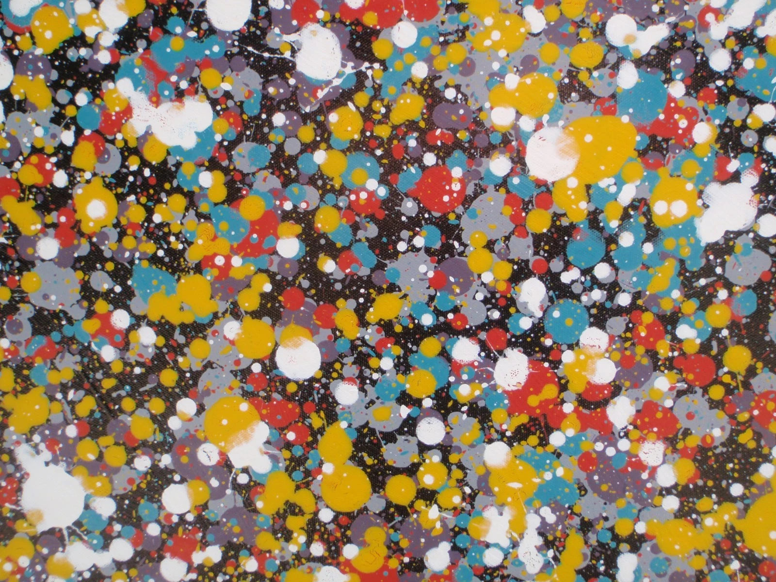 159 by 112 cm dot and spot abstract painting on black canvas by Rich Gane - detail