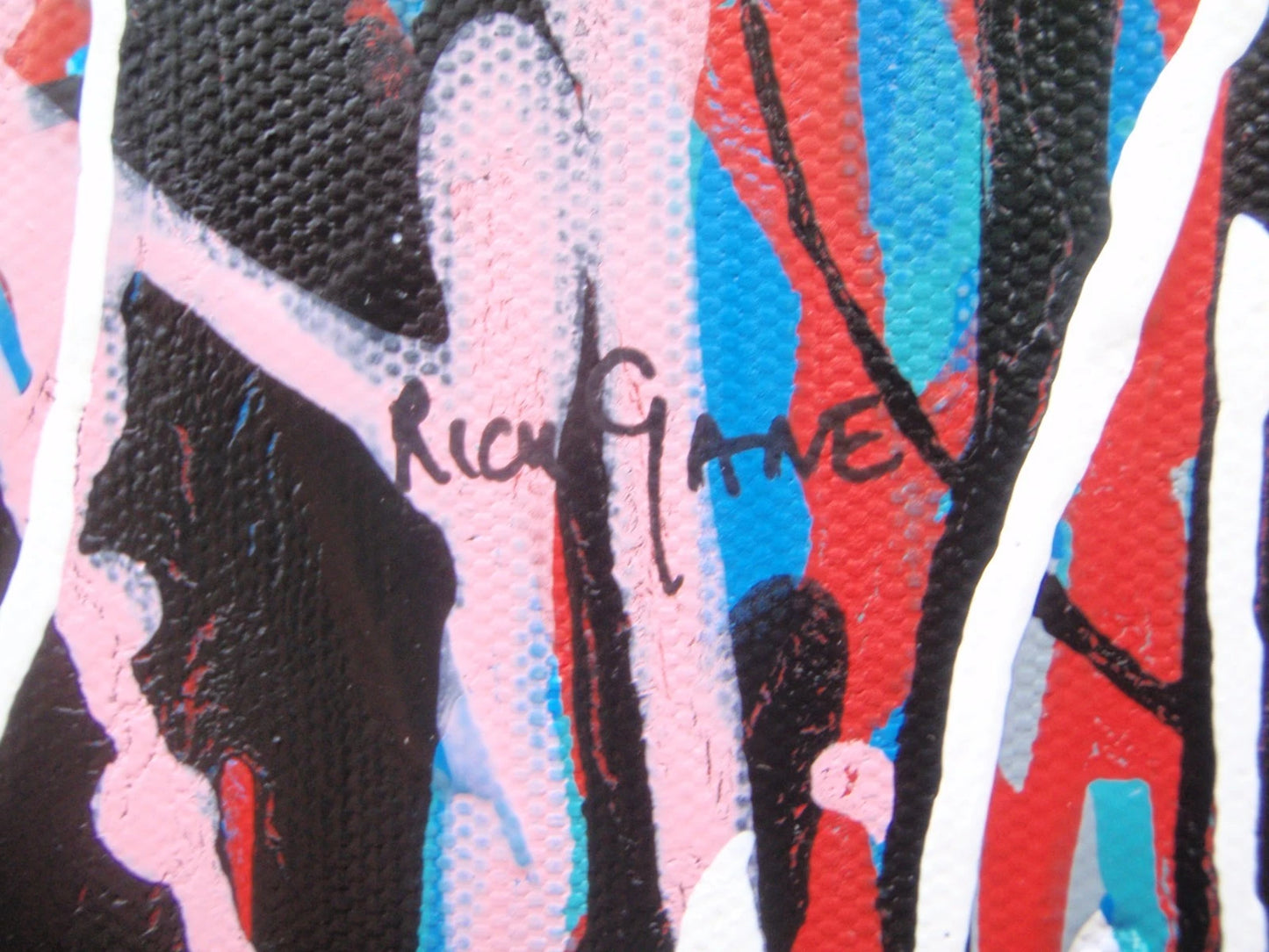 Contemporary artwork, with vertical pink drips and stripes, on an un-stretched 159 cm by 112 cm canvas - detail