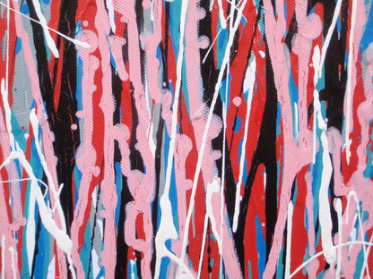 Contemporary artwork, with vertical pink drips and stripes, on an un-stretched 159 cm by 112 cm canvas - detail