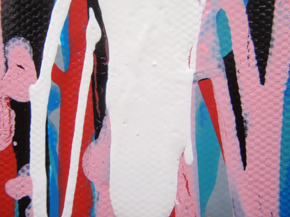 Contemporary artwork, with vertical pink drips and stripes, on an un-stretched 159 cm by 112 cm canvas - detail