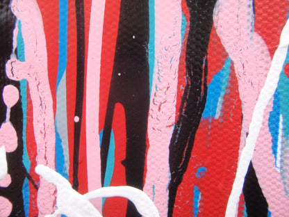 Contemporary artwork, with vertical pink drips and stripes, on an un-stretched 159 cm by 112 cm canvas - detail