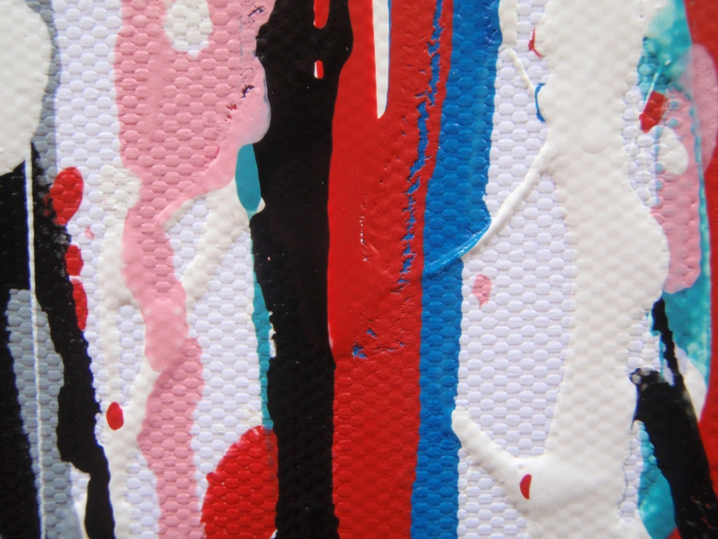 Contemporary artwork, with vertical pink drips and stripes, on an un-stretched 159 cm by 112 cm canvas - detail