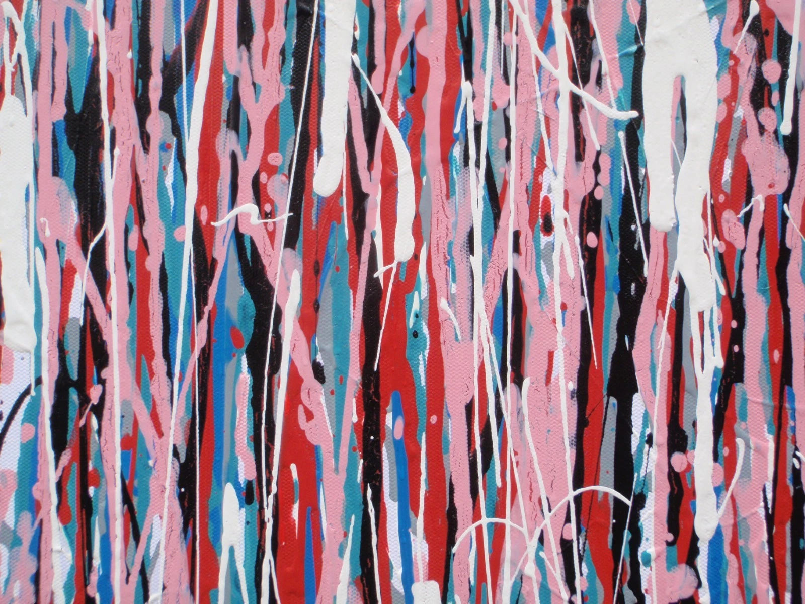 Contemporary artwork, with vertical pink drips and stripes, on an un-stretched 159 cm by 112 cm canvas - detail