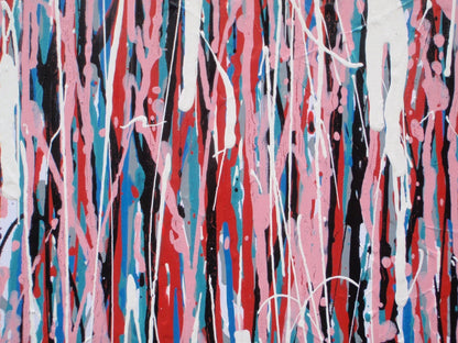 Contemporary artwork, with vertical pink drips and stripes, on an un-stretched 159 cm by 112 cm canvas - detail