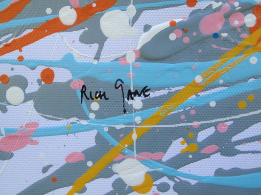 A huge abstract portrait painting of a man showing his head and neck, in a very colourful modern art style, on an un-stretched 159 cm by 112 cm canvas - detail