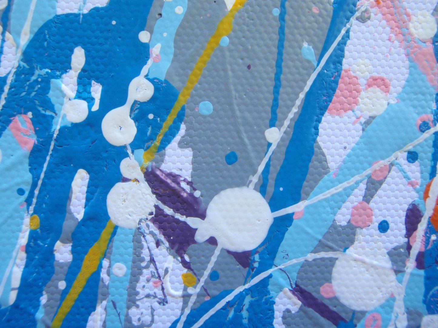 A huge abstract portrait painting of a man showing his head and neck, in a very colourful modern art style, on an un-stretched 159 cm by 112 cm canvas - detail