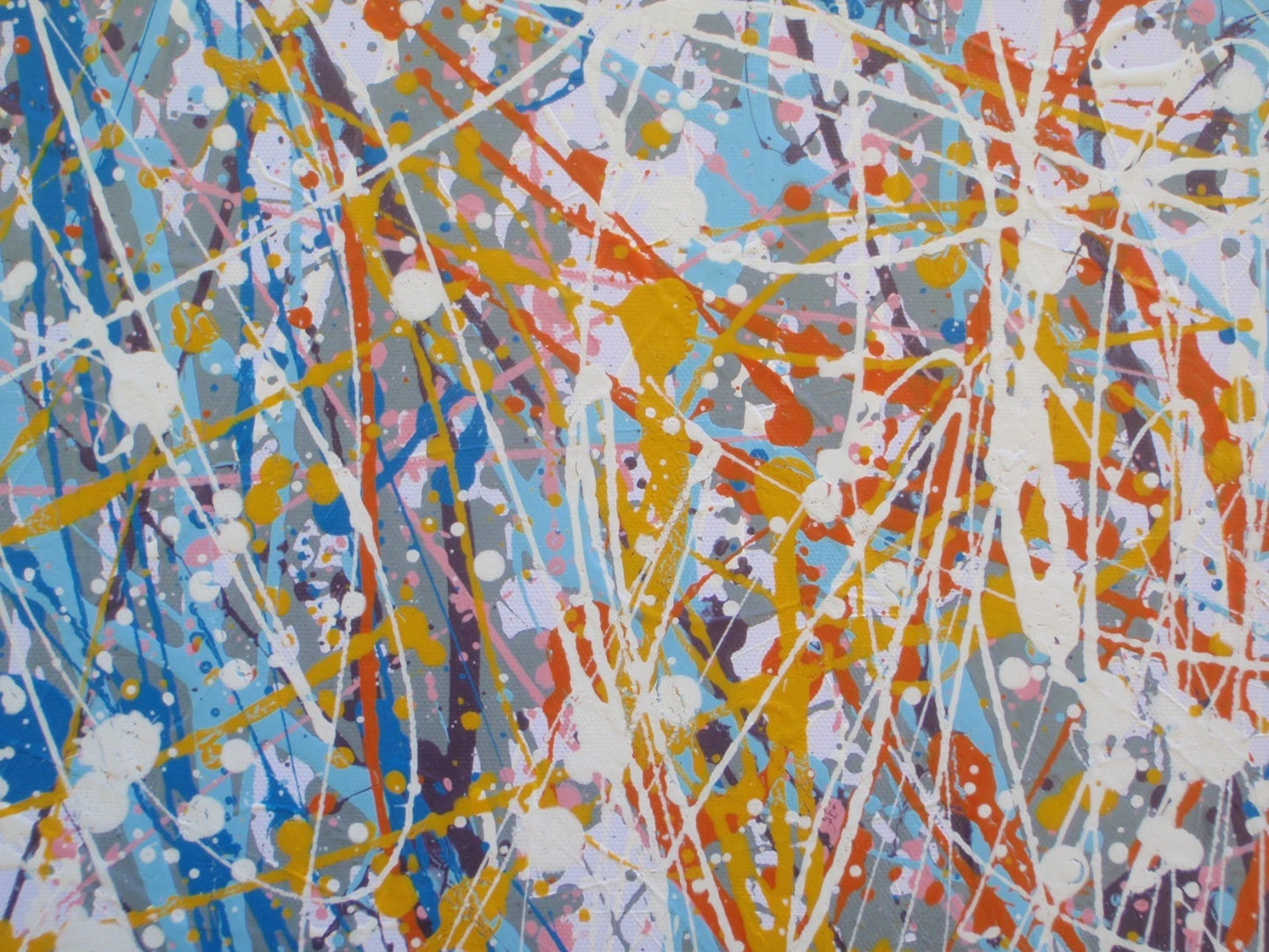 A huge abstract portrait painting of a man showing his head and neck, in a very colourful modern art style, on an un-stretched 159 cm by 112 cm canvas - detail