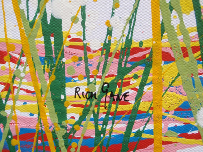 Colourful abstract tree painting with multicoloured leaves on a white background - detail
