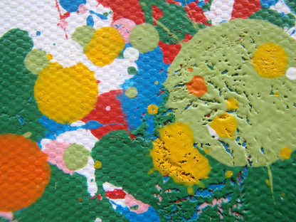 Colourful abstract tree painting with multicoloured leaves on a white background - detail