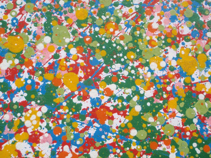 Colourful abstract tree painting with multicoloured leaves on a white background - detail