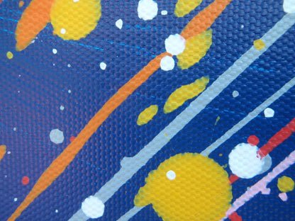 Modern art painting showing a burst of colourful rays of light from a central star against a dark blue sky - detail