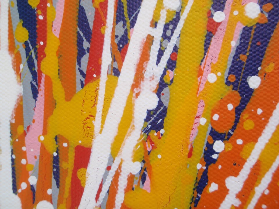 Modern art painting showing a burst of colourful rays of light from a central star against a dark blue sky - detail
