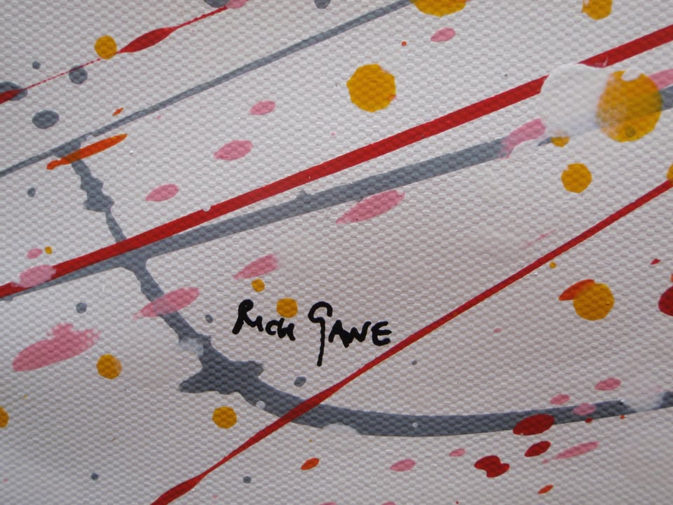 Large painting with radiating lines in yellow, orange and red on a white canvas background, measuring 159 by 112 cm - detail