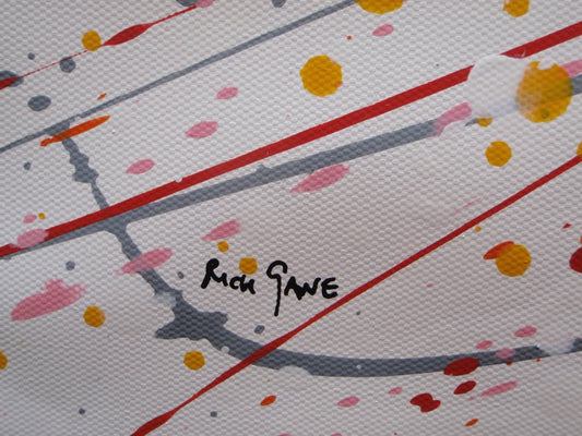 Large painting with radiating lines in yellow, orange and red on a white canvas background, measuring 159 by 112 cm - detail