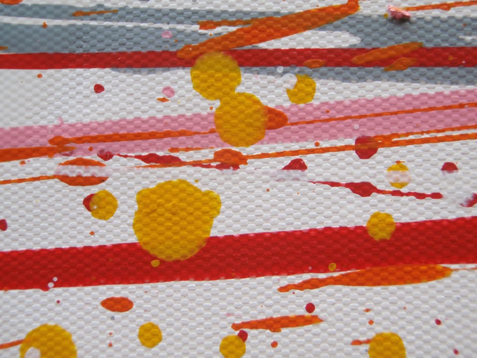 Large painting with radiating lines in yellow, orange and red on a white canvas background, measuring 159 by 112 cm - detail