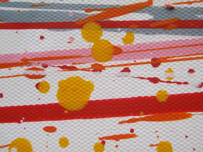 Large painting with radiating lines in yellow, orange and red on a white canvas background, measuring 159 by 112 cm - detail