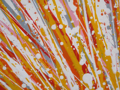 Large painting with radiating lines in yellow, orange and red on a white canvas background, measuring 159 by 112 cm - detail