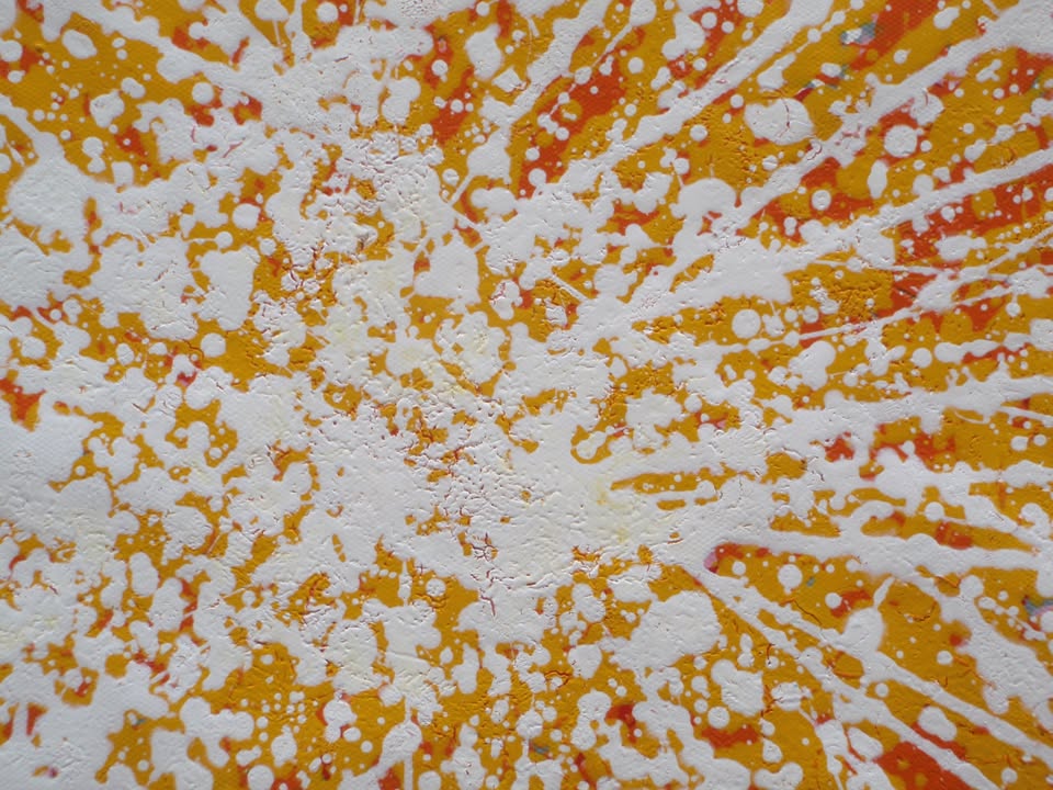 Large painting with radiating lines in yellow, orange and red on a white canvas background, measuring 159 by 112 cm - detail