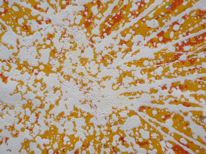 Large painting with radiating lines in yellow, orange and red on a white canvas background, measuring 159 by 112 cm - detail