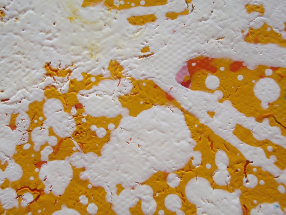 Large painting with radiating lines in yellow, orange and red on a white canvas background, measuring 159 by 112 cm - detail