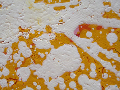 Large painting with radiating lines in yellow, orange and red on a white canvas background, measuring 159 by 112 cm - detail