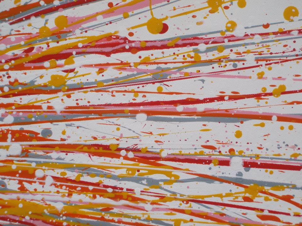 Large painting with radiating lines in yellow, orange and red on a white canvas background, measuring 159 by 112 cm - detail