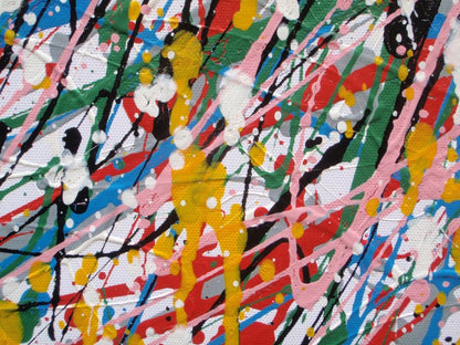 Abstract artwork of a face with colourful drips and splashes on a white background, painted on to an un-stretched 159 by 112 cm canvas - detail