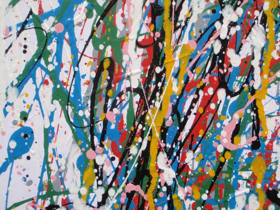 Abstract artwork of a face with colourful drips and splashes on a white background, painted on to an un-stretched 159 by 112 cm canvas - detail