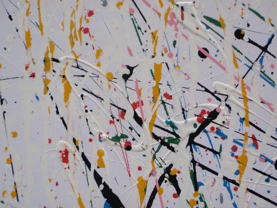 Abstract artwork of a face with colourful drips and splashes on a white background, painted on to an un-stretched 159 by 112 cm canvas - detail
