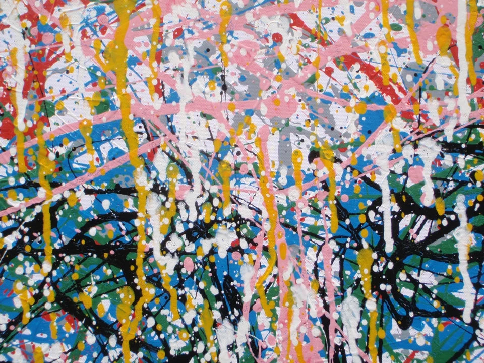 Abstract artwork of a face with colourful drips and splashes on a white background, painted on to an un-stretched 159 by 112 cm canvas - detail