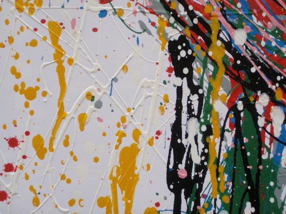 Abstract artwork of a face with colourful drips and splashes on a white background, painted on to an un-stretched 159 by 112 cm canvas - detail